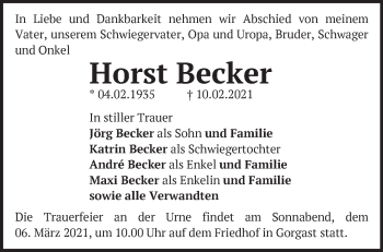 Traueranzeige von Horst Becker von Märkische Oderzeitung