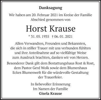 Traueranzeige von Horst Krause von Märkische Oderzeitung