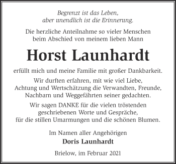 Traueranzeige von Horst Launhardt von Märkische Oderzeitung