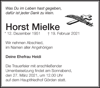 Traueranzeige von Horst Mielke von Märkische Oderzeitung