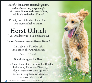 Traueranzeige von Horst Ullrich von Märkische Oderzeitung