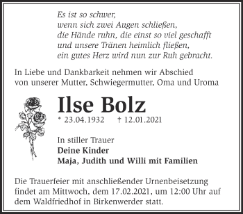 Traueranzeige von Ilse Bolz von Märkische Oderzeitung