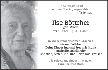 Traueranzeige von Ilse Böttcher von Märkische Oderzeitung