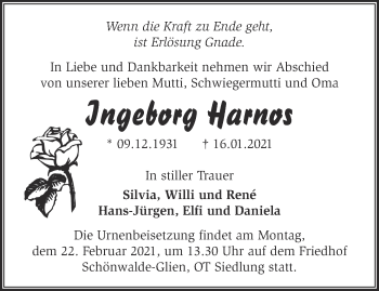 Traueranzeige von Ingeborg Harnos von Märkische Oderzeitung