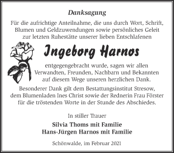 Traueranzeige von Ingeborg Harnos von Märkische Oderzeitung