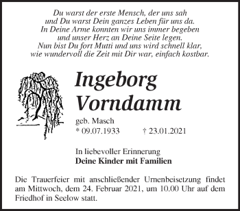 Traueranzeige von Ingeborg Vorndamm von Märkische Oderzeitung