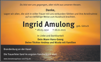 Traueranzeige von Ingrid Amulong von Märkische Oderzeitung