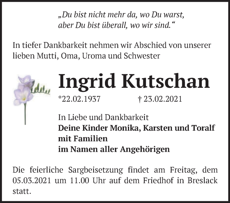  Traueranzeige für Ingrid Kutschan vom 27.02.2021 aus Märkische Oderzeitung