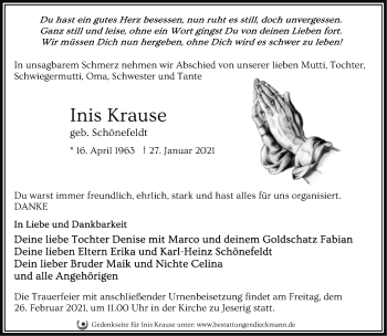 Traueranzeige von Inis Krause von Märkische Oderzeitung