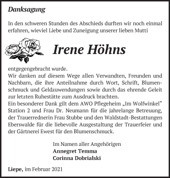 Traueranzeige von Irene Höhns von Märkische Oderzeitung