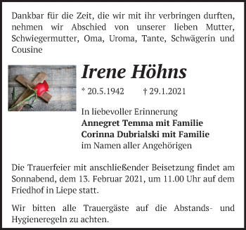 Traueranzeige von Irene Höhns von Märkische Oderzeitung