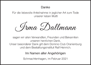 Traueranzeige von Irma Dallmann von Märkische Oderzeitung