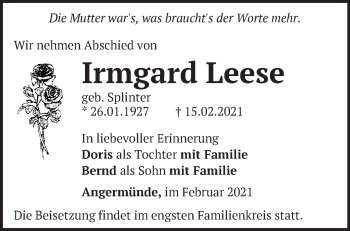Traueranzeige von Irmgard Leese von Märkische Oderzeitung