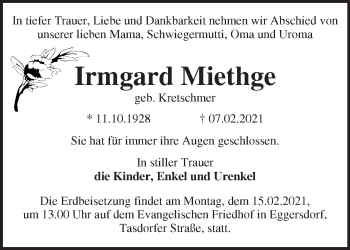 Traueranzeige von Irmgard Miethge von Märkische Oderzeitung