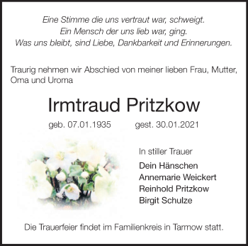 Traueranzeige von Irmtraud Pritzkow von Märkische Oderzeitung