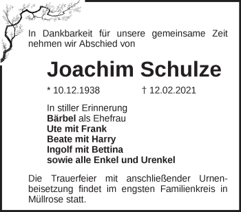 Traueranzeige von Joachim Schulze von Märkische Oderzeitung