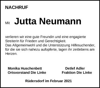 Traueranzeige von Jutta Neumann von Märkische Oderzeitung