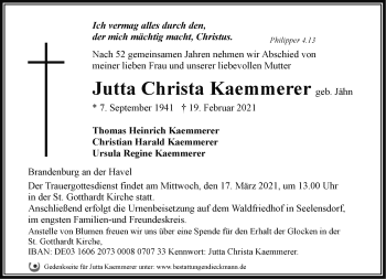 Traueranzeige von Jutta Christa Kaemmerer von Märkische Oderzeitung