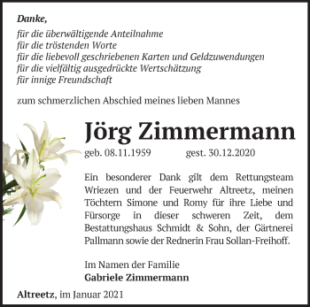 Traueranzeige von Jörg Zimmermann von Märkische Oderzeitung