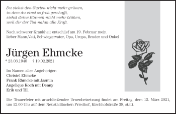 Traueranzeige von Jürgen Ehmcke von Märkische Oderzeitung