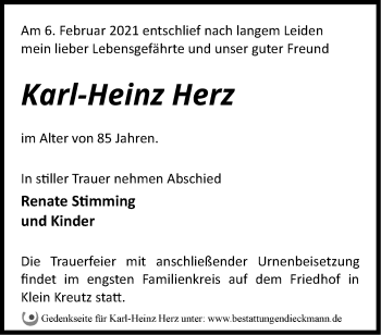 Traueranzeige von Karl-Heinz Herz von Märkische Oderzeitung