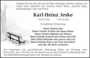 Traueranzeige von Karl-Heinz Jeske von Märkische Oderzeitung