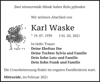 Traueranzeige von Karl Waske von Märkische Oderzeitung