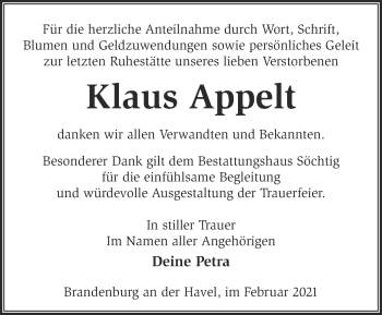 Traueranzeige von Klaus Appelt von Märkische Oderzeitung