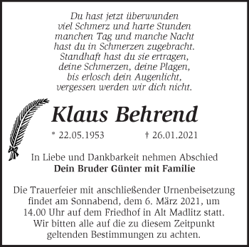 Traueranzeige von Klaus Behrend von Märkische Oderzeitung