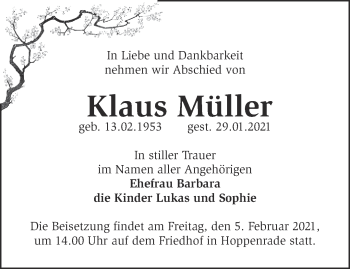 Traueranzeige von Klaus Müller von Märkische Oderzeitung