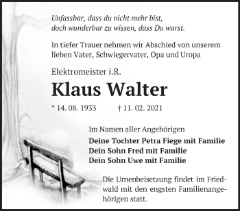 Traueranzeige von Klaus Walter von Märkische Oderzeitung