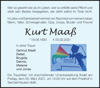 Traueranzeige von Kurt Maaß von Märkische Oderzeitung