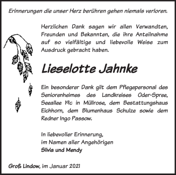 Traueranzeige von Lieselotte Jahnke von Märkische Oderzeitung