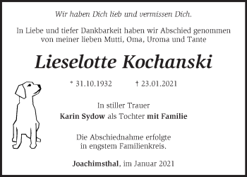 Traueranzeige von Lieselotte Kochanski von Märkische Oderzeitung