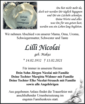 Traueranzeige von Lilli Nicolai von Märkische Oderzeitung