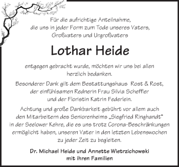 Traueranzeige von Lothar Heide von Märkische Oderzeitung