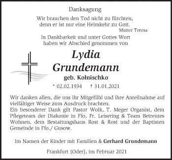 Traueranzeige von Lydia Grundemann von Märkische Oderzeitung