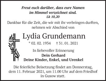 Traueranzeige von Lydia Grundemann von Märkische Oderzeitung