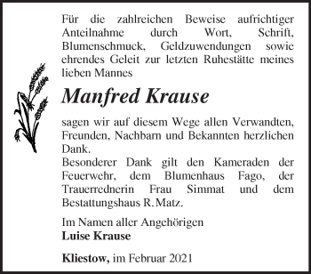 Traueranzeige von Manfred Krause von Märkische Oderzeitung