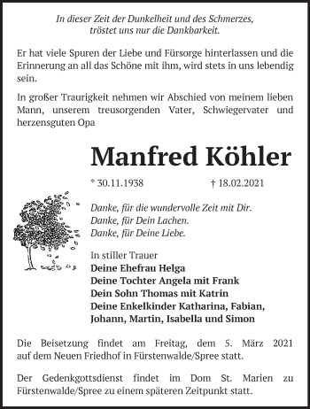 Traueranzeige von Manfred Köhler von Märkische Oderzeitung
