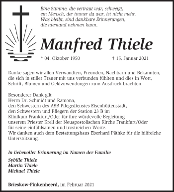 Traueranzeige von Manfred Thiele von Märkische Oderzeitung