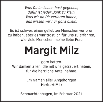 Traueranzeige von Margit Milz von Märkische Oderzeitung