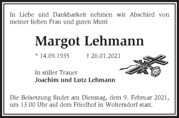 Traueranzeige von Margot Lehmann von Märkische Oderzeitung