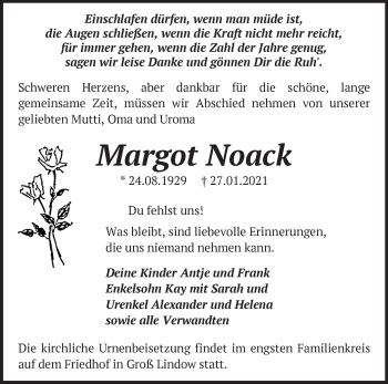 Traueranzeige von Margot Noack von Märkische Oderzeitung