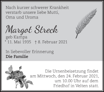 Traueranzeige von Margot Streck von Märkische Oderzeitung