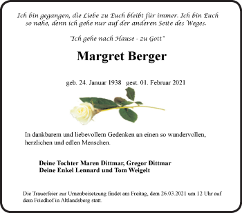 Traueranzeige von Margret Berger von Märkische Oderzeitung