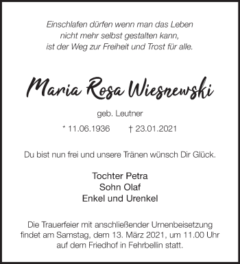 Traueranzeige von Maria Rosa Wiesnewski von Märkische Oderzeitung