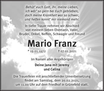 Traueranzeige von Mario Franz von Märkische Oderzeitung