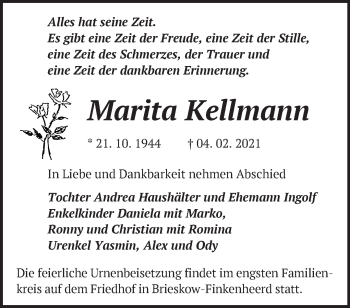 Traueranzeige von Marita Kellmann von Märkische Oderzeitung