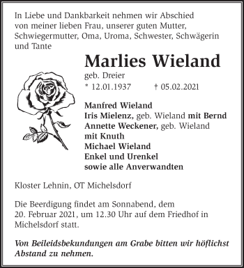 Traueranzeige von Marlies Wieland von Märkische Oderzeitung